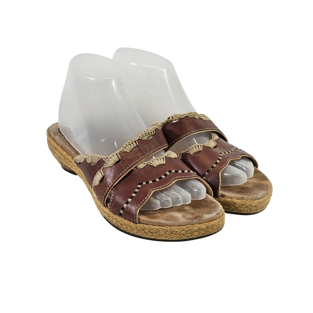 Clarks Artisan Brown Leather Espadrille Wedge Slide Sandals 7M 73587 slip on euc